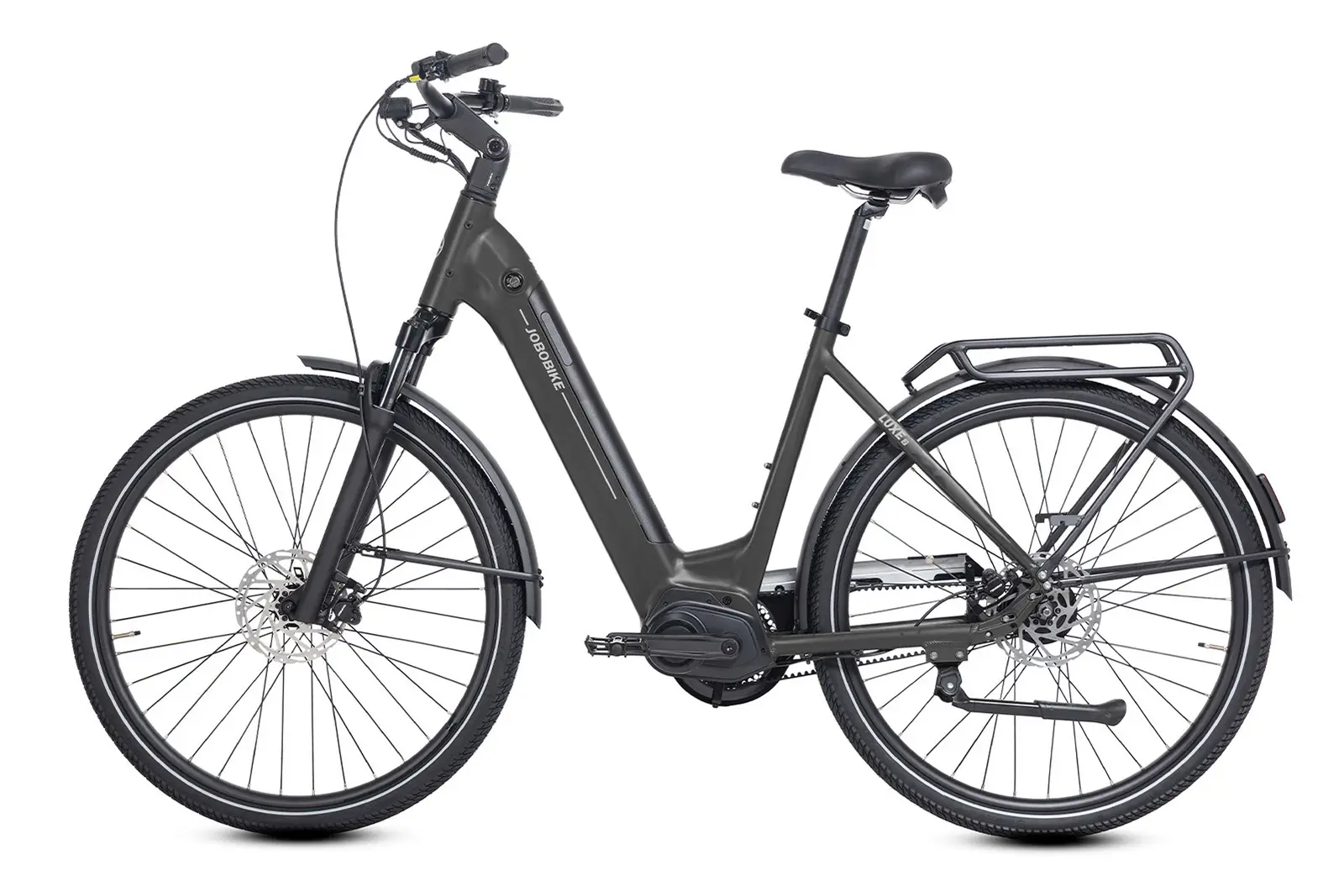 Luxe Black olive step-through electric bike with hydraulic brakes
