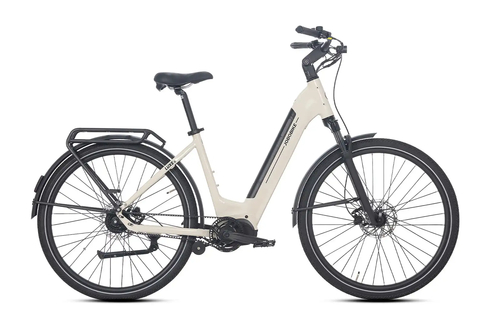 Luxe-Step-through beige commuter e-bike with mid-drive system